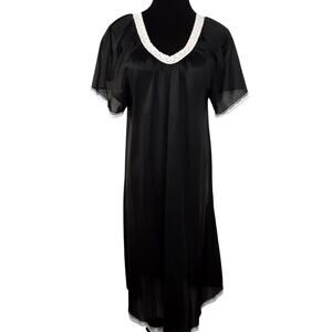 Vintage 80s Satin Lace Nightgown House Dress V Neck Sleep Dress Nightie OS Black